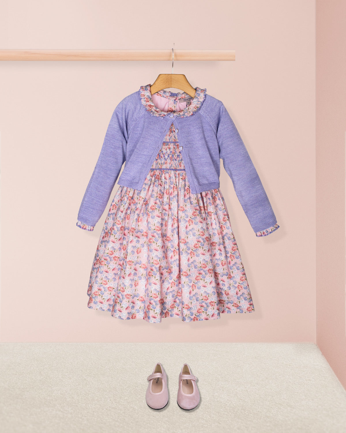 Fiorella Small Bouquet Pink Twill Smocked Dress